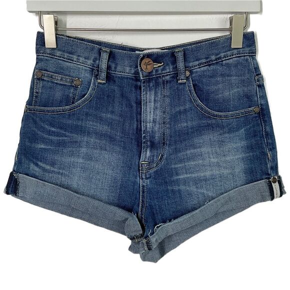 One x One Teaspoon Blue Harlets Cuffed High Rise Denim Jean Shorts 25 - Picture 1 of 7
